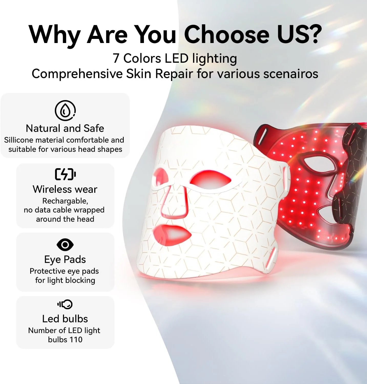 LED Face Mask Light Therapy, 7 Color LED Face Mask Light Therapy Facial Skin Care Mask for Face, Face Whitening Anti-Acne Infrared Light Skin Rejuvenation